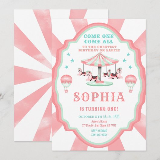 Circus uitnodiging 1e verjaardag (Voorkant / Achterkant)