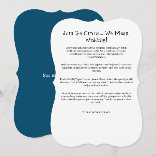 Circus van Liefde: Funny Wedding Invitation Sjablo Kaart (Voorkant / Achterkant)