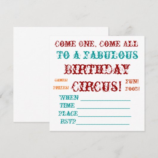 Circus-verjaardag Uitnodiging (Voorkant / Achterkant)