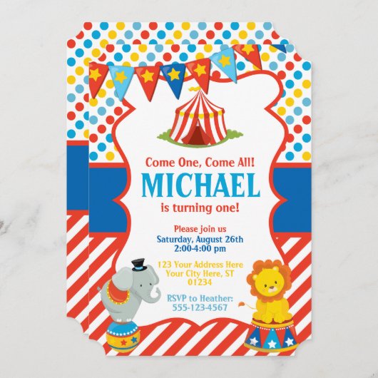 Circus Verjaardag Uitnodiging - Carnaval Thema (Voorkant / Achterkant)