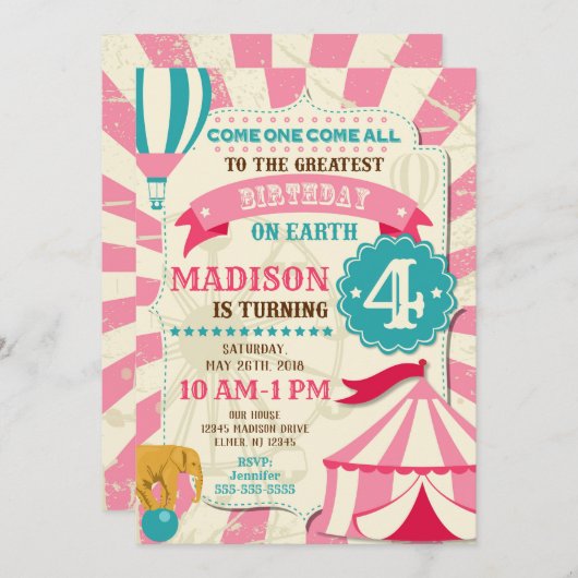 Circus Verjaardag Uitnodiging Meisje Carnaval Uitn (Voorkant / Achterkant)