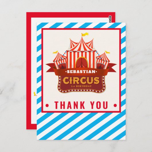 Circus verjaardagsfeest bedankt je kaart (Voorkant / Achterkant)