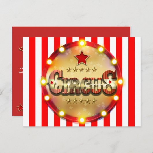 Circus Verjaardagsfeest Event Rood Wit Goud Gestre Aankondigingskaart (Voorkant / Achterkant)