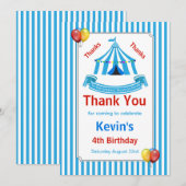 Circus verjaardagsfeestje blauw bedankkaart (Voorkant / Achterkant)