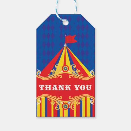 Circus verjaardagsfeestje gunst cadeau labels, dan cadeaulabel (Voorkant)