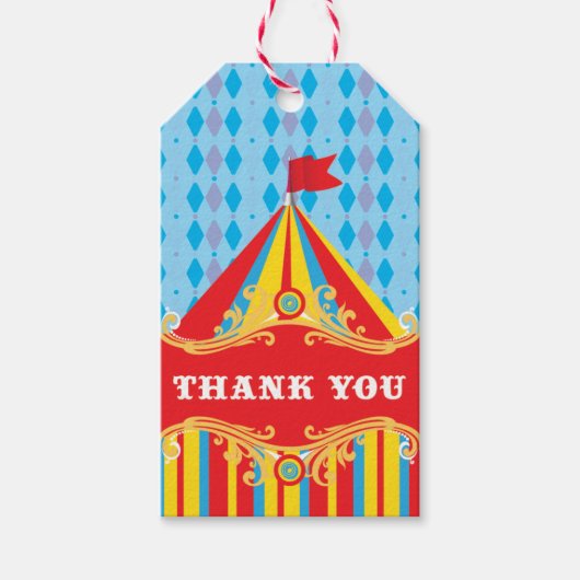 Circus verjaardagsfeestje gunst cadeau labels, dan cadeaulabel (Voorkant)