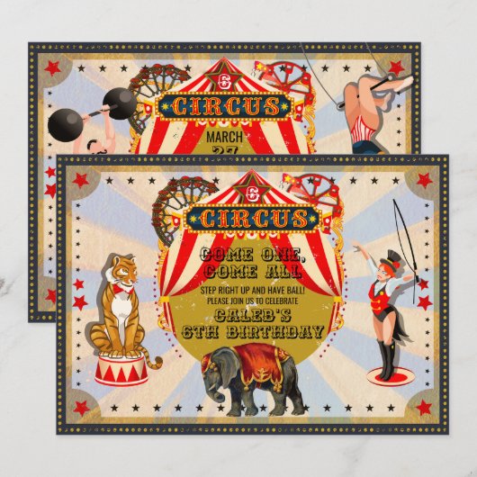 Circus verjaardagsfeestje in retro stijl kaart (Voorkant / Achterkant)