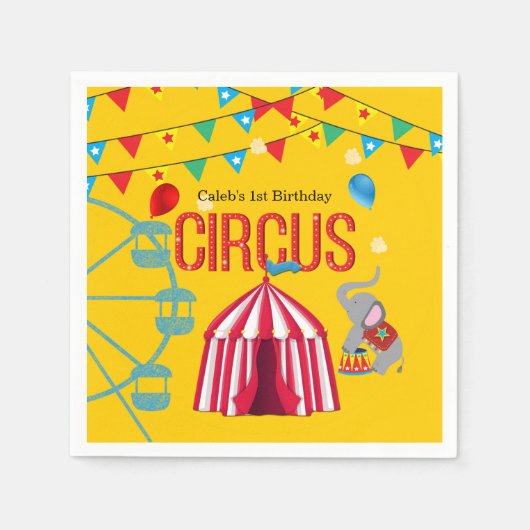 Circus verjaardagsfeestje leuk geel kleurrijk fees servetten (Voorkant)