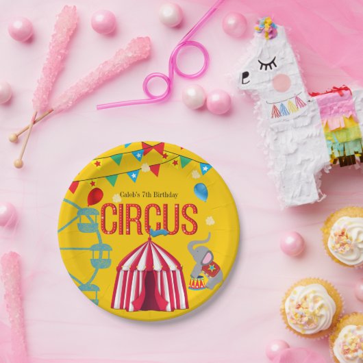 Circus Verjaardagsfeestje Leuk Geel Kleurrijk Papieren Bordje (Feest)