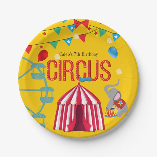 Circus Verjaardagsfeestje Leuk Geel Kleurrijk Papieren Bordje (Voorkant)
