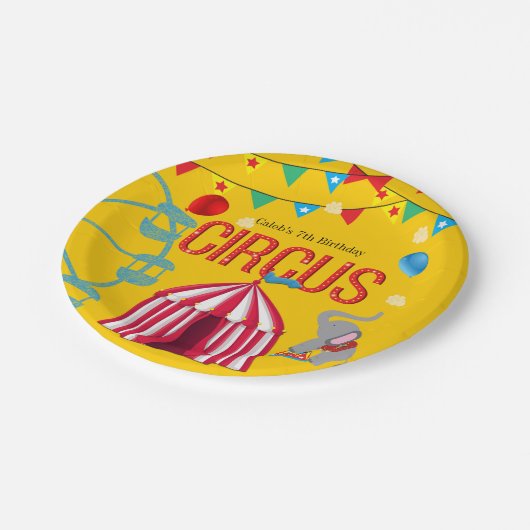 Circus Verjaardagsfeestje Leuk Geel Kleurrijk Papieren Bordje (Gekanteld)