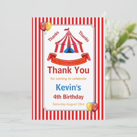 Circus verjaardagsfeestje rood bedankkaart (Staand voorkant)