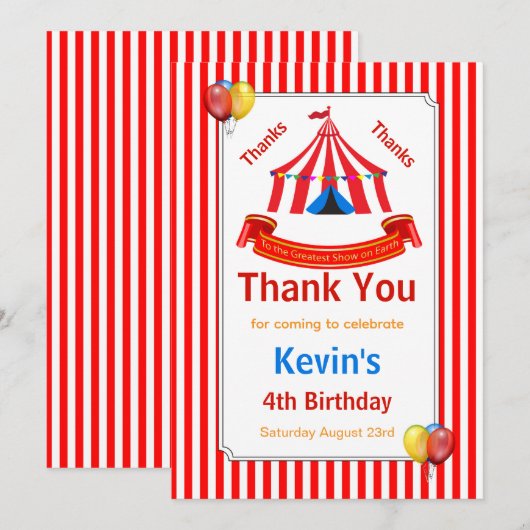 Circus verjaardagsfeestje rood bedankkaart (Voorkant / Achterkant)