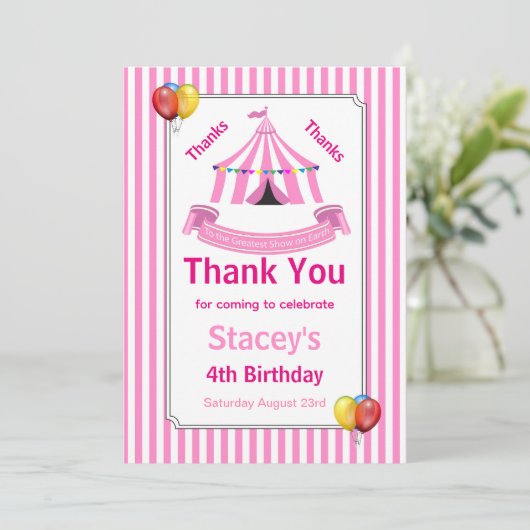 Circus Verjaardagsfeestje Roze Bedankkaart (Staand voorkant)