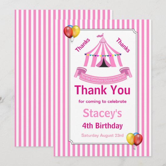 Circus Verjaardagsfeestje Roze Bedankkaart (Voorkant / Achterkant)