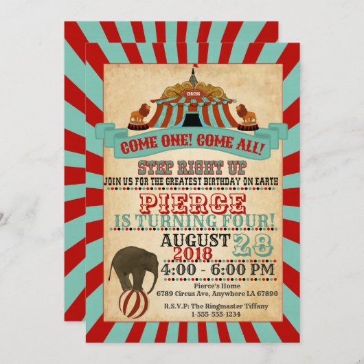 Circus Verjaardagsfeestuitnodiging Kaart (Voorkant / Achterkant)
