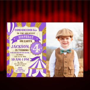 Circus Verjaardagsuitnodiging Carnaval Paars Goud Kaart