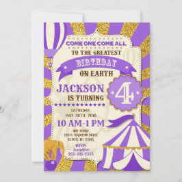 Circus verjaardagsuitnodiging Carnaval Paars Goud Kaart