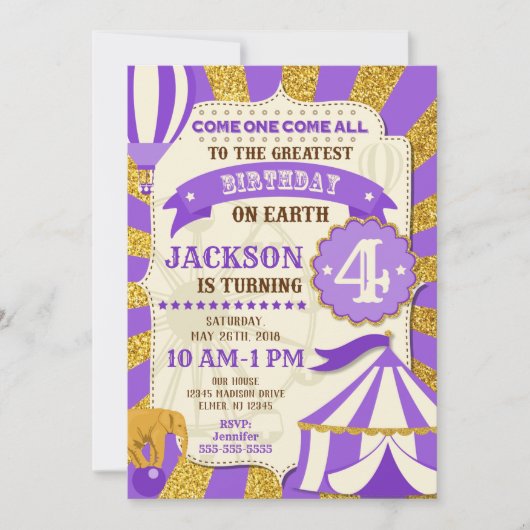 Circus verjaardagsuitnodiging Carnaval Paars Goud Kaart (Voorkant)