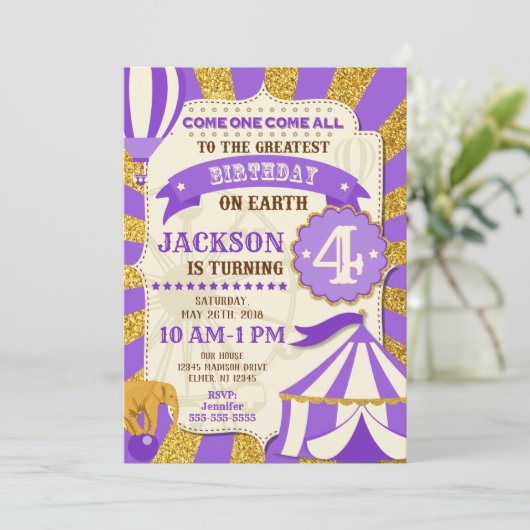 Circus verjaardagsuitnodiging Carnaval Paars Goud Kaart (Staand voorkant)