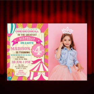 Circus Verjaardagsuitnodiging Carnaval Roze Goud Kaart