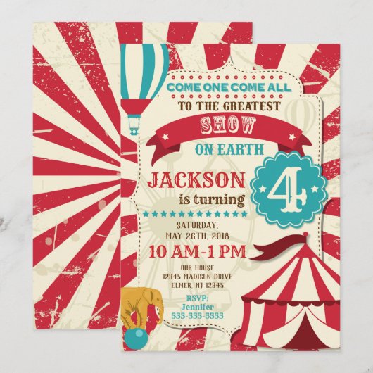 Circus Verjaardagsuitnodiging / Carnaval Uitnodigi Kaart (Voorkant / Achterkant)