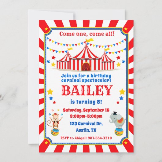 Circus verjaardagsuitnodiging Carnival Kaart (Voorkant)
