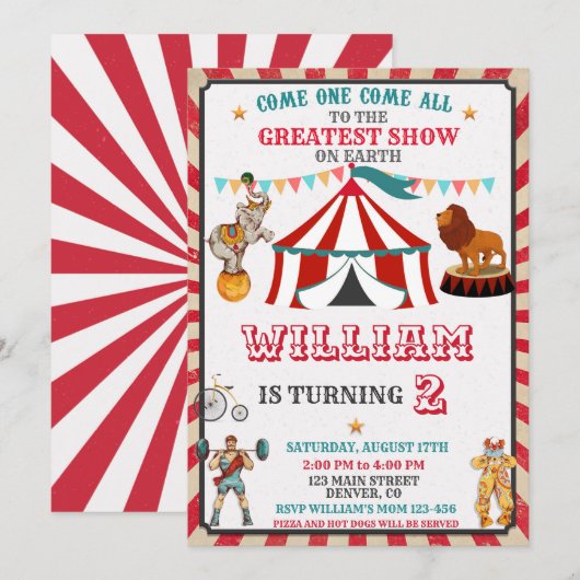 Circus verjaardagsuitnodiging  Circus jongetje mei Kaart (Voorkant / Achterkant)