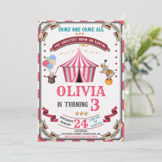 Circus verjaardagsuitnodiging  Festival kinder Kaart (Staand voorkant)