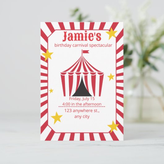 Circus verjaardagsuitnodiging | Rode kermis tent  Kaart (Staand voorkant)