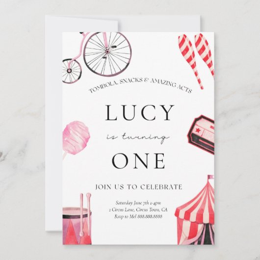 Circus verjaardagsuitnodiging voor meisjes kaart (Voorkant)