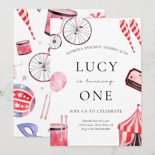 Circus verjaardagsuitnodiging voor meisjes kaart (Voorkant / Achterkant)