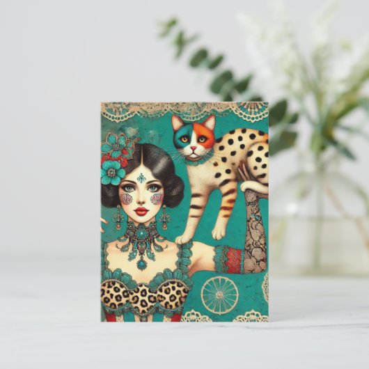 Circus Vrouw en een kat Briefkaart (Staand voorkant)