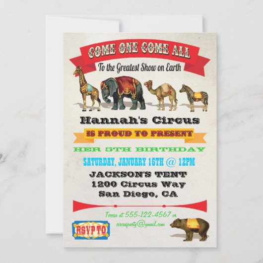 circusdieren verjaardagsfeestjes kaart (Voorkant)