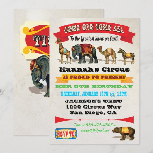  circusdieren verjaardagsfeestjes kaart (Voorkant / Achterkant)