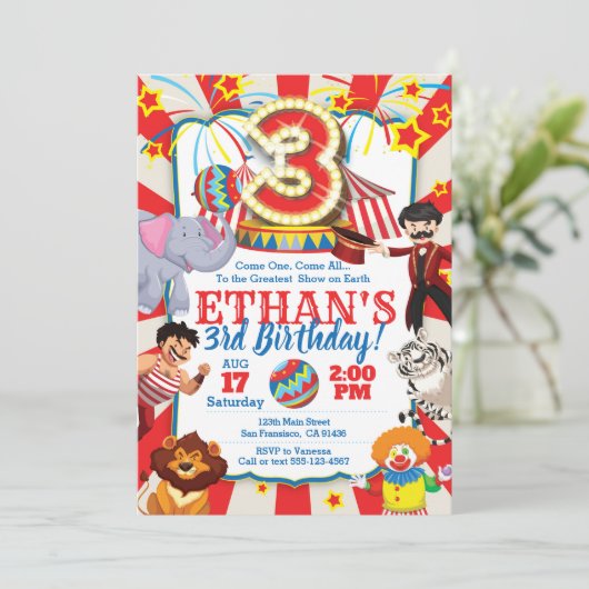 Circusfeest uitnodiging voor 3e verjaardag (Staand voorkant)