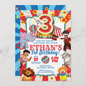 Circusfeest uitnodiging voor 3e verjaardag (Voorkant / Achterkant)
