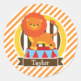 Circusleeuw; Sinaasappel & witte strepen Ronde Sticker