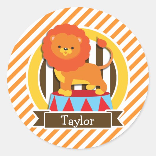 Circusleeuw; Sinaasappel & witte strepen Ronde Sticker (Voorkant)