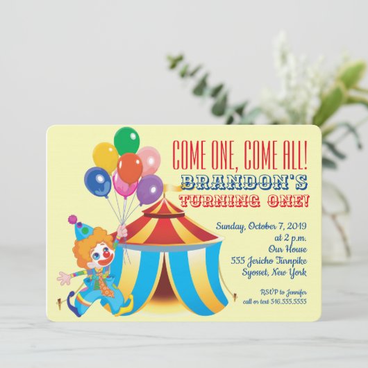 Circustent en clown eerste verjaardag kaart (Staand voorkant)