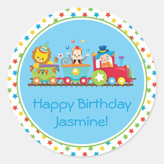 circustrein | Treinwagons | Gepersonaliseerd Ronde Sticker (Voorkant)