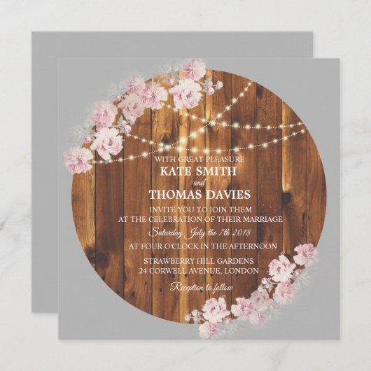 Cirkel Bloemen Licht Strings Houten Bruiloft Uitno Kaart (Voorkant / Achterkant)