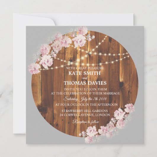 Cirkel Bloemen Licht Strings Houten Bruiloft Uitno Kaart (Voorkant)