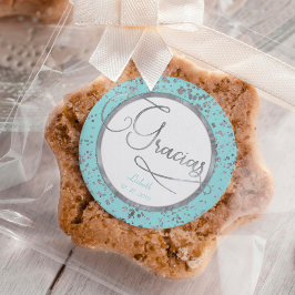 Cirkel cadeaubon, Baby Blue Silver Gracias Glam Ronde Sticker