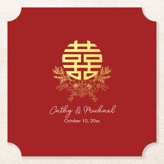 Cirkel dubbel geluk bloem chinese bruiloft kartonnen onderzetters (Voorkant)