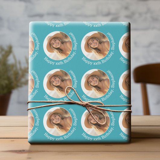 Cirkel één Foto met Birthday Greeting - Blauw Cadeaupapier