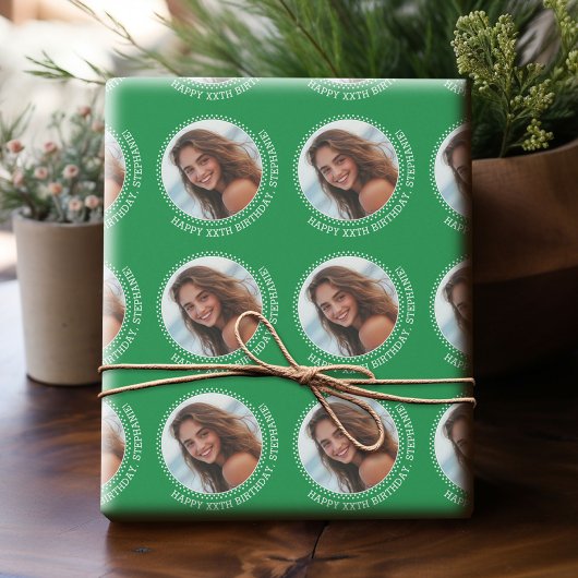 Cirkel één Foto met Birthday Greeting - Groen Cadeaupapier