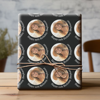 Cirkel één foto met Birthday Greeting - zwart Cadeaupapier