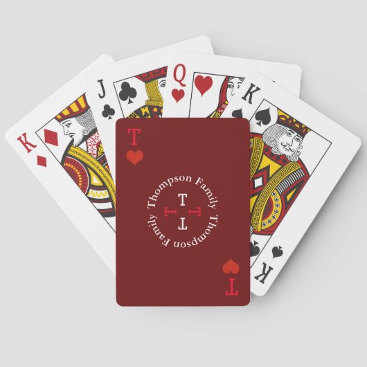 Cirkel familienaam monogram donkerrood pokerkaarten (Achterkant)