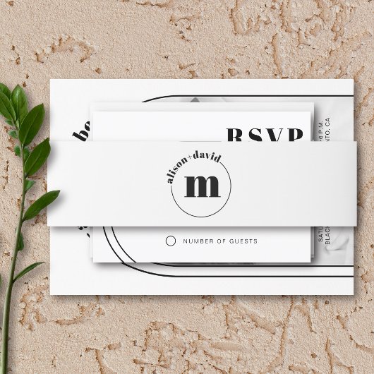 Cirkel met namen en monogram zwart wit bruiloft uitnodigingen wikkel
